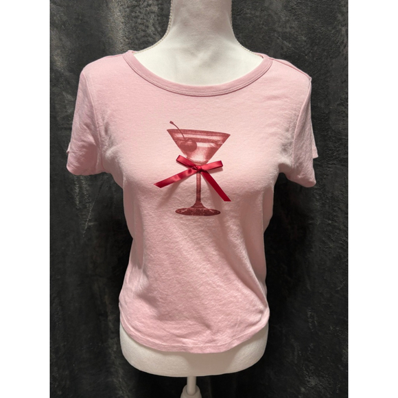 Vinyl Icons Tops - NWOT Vinyl Icons Pink Coquette Y2K Cherry Martini w/Bow Baby T-Shirt Size Large